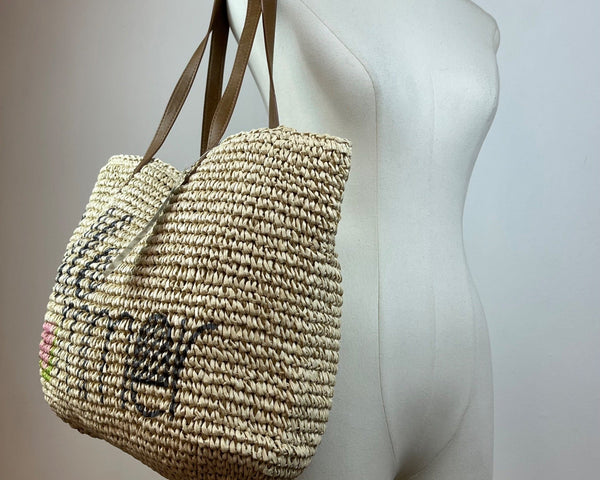 Beach Hello Summer Brown Faux Leather Straps & Watermelon Design Straw Tote Bag