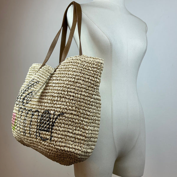 Beach Hello Summer Brown Faux Leather Straps & Watermelon Design Straw Tote Bag