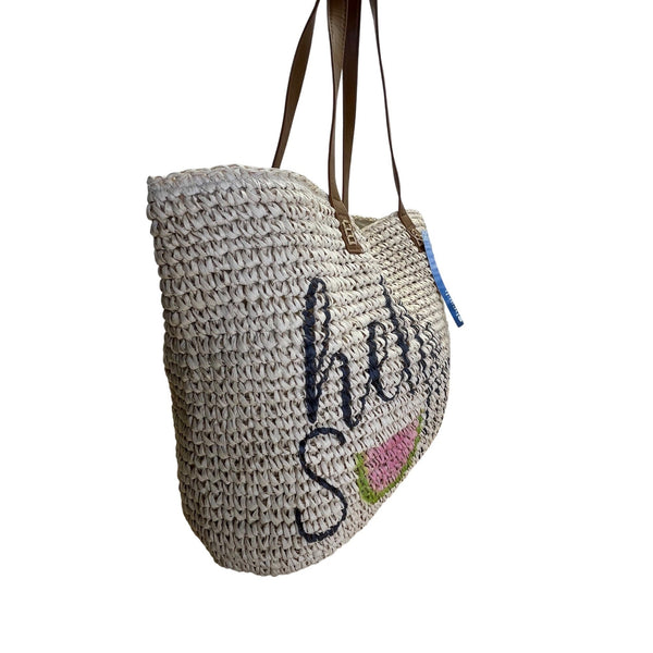 Beach Hello Summer Brown Faux Leather Straps & Watermelon Design Straw Tote Bag