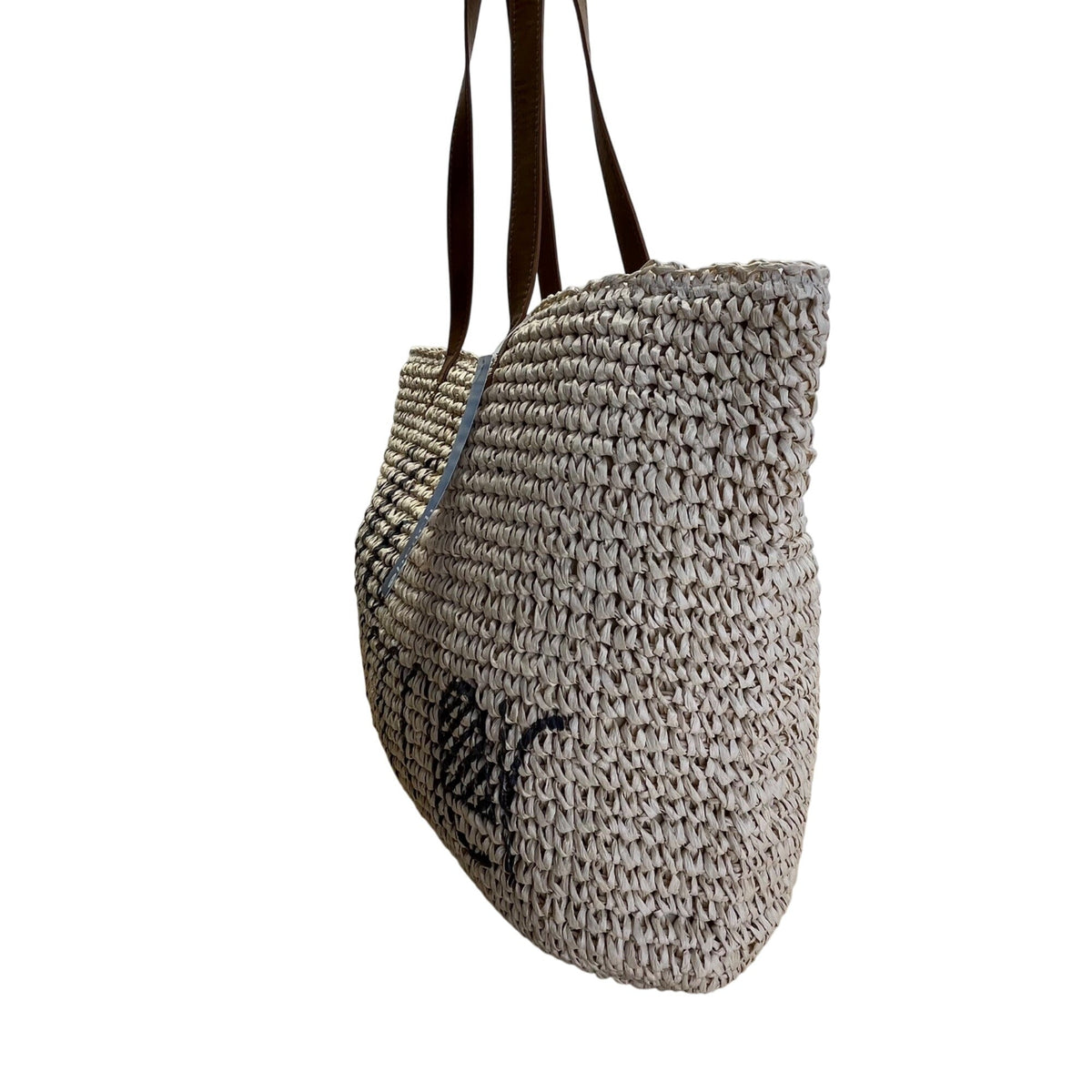 Beach Hello Summer Brown Faux Leather Straps & Watermelon Design Straw Tote Bag