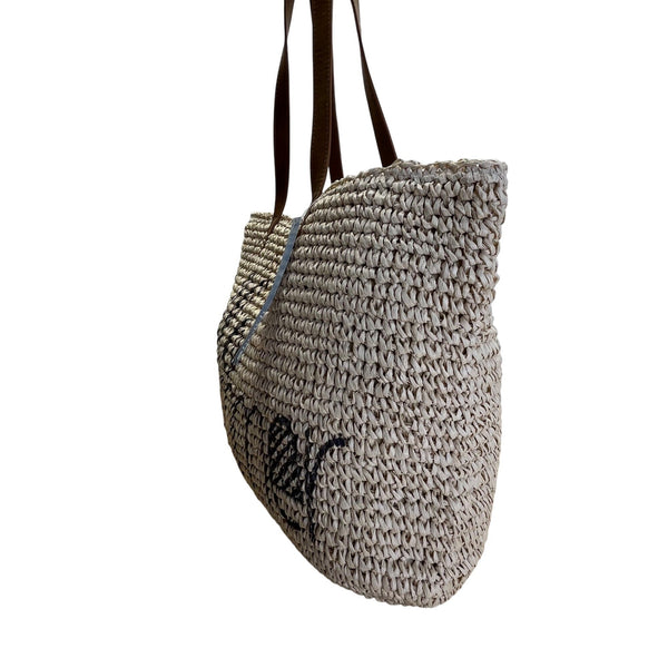 Beach Hello Summer Brown Faux Leather Straps & Watermelon Design Straw Tote Bag