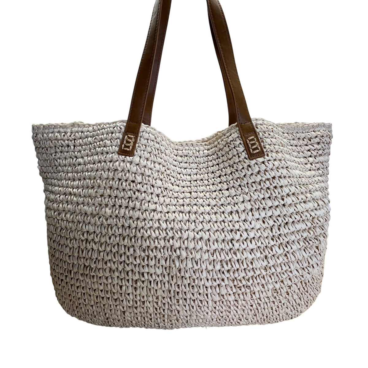 Beach Hello Summer Brown Faux Leather Straps & Watermelon Design Straw Tote Bag