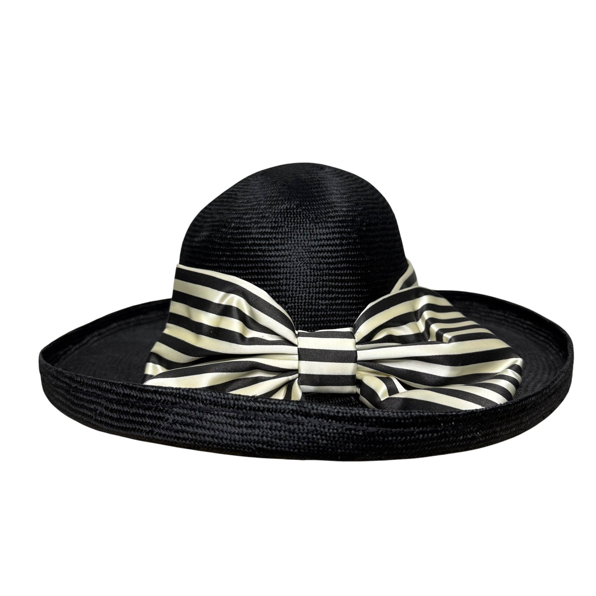 Black Womens Woven Straw Hat With Striped Ribbon & Bow Detail Elegant Wide Brim