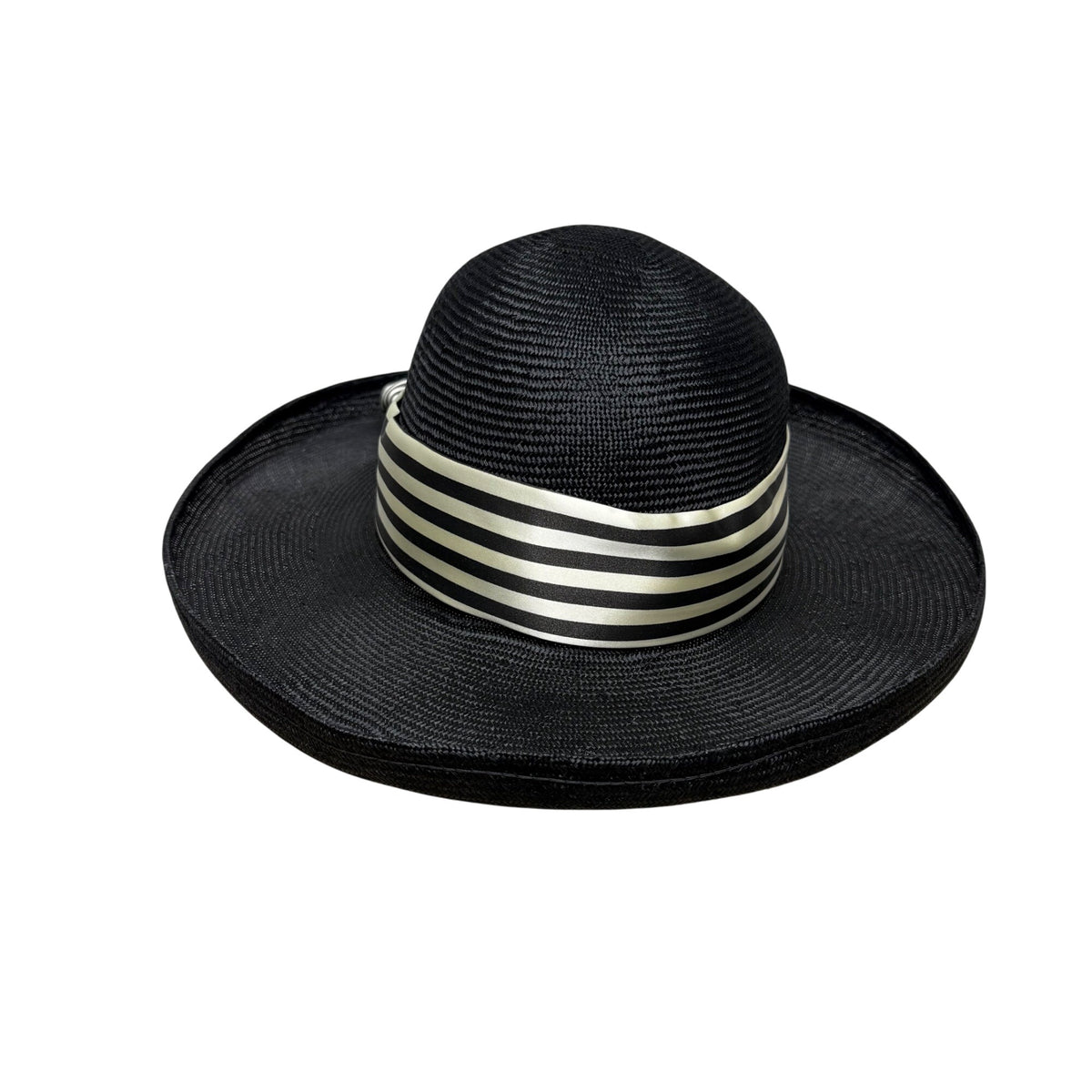 Black Womens Woven Straw Hat With Striped Ribbon & Bow Detail Elegant Wide Brim
