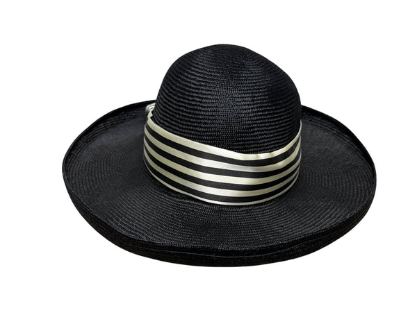 Black Womens Woven Straw Hat With Striped Ribbon & Bow Detail Elegant Wide Brim