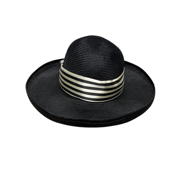 Black Womens Woven Straw Hat With Striped Ribbon & Bow Detail Elegant Wide Brim