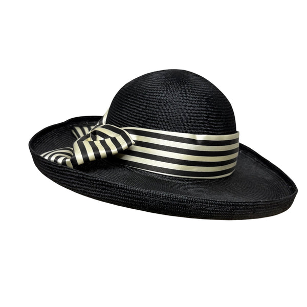 Black Womens Woven Straw Hat With Striped Ribbon & Bow Detail Elegant Wide Brim
