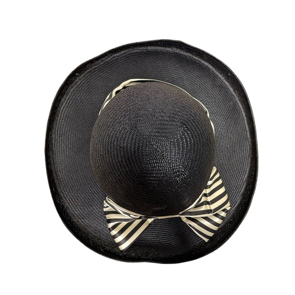 Black Womens Woven Straw Hat With Striped Ribbon & Bow Detail Elegant Wide Brim
