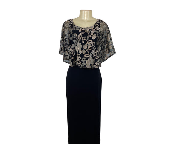 Connected Apparel Black & Gold Floral Capelet Midi Dress Womens Size 6P