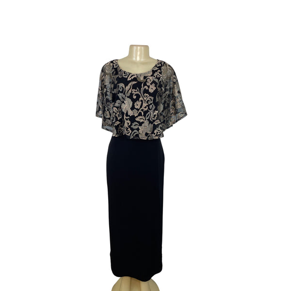 Connected Apparel Black & Gold Floral Capelet Midi Dress Womens Size 6P