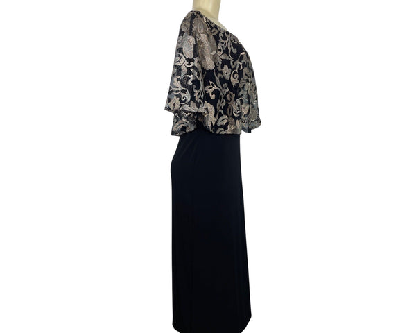 Connected Apparel Black & Gold Floral Capelet Midi Dress Womens Size 6P
