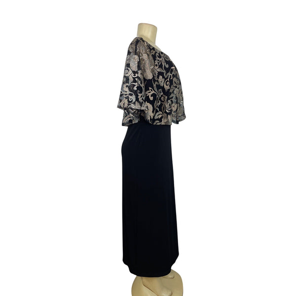 Connected Apparel Black & Gold Floral Capelet Midi Dress Womens Size 6P