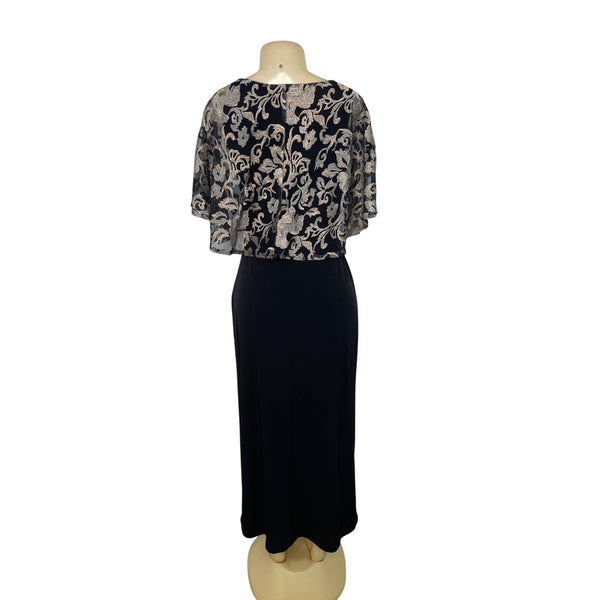 Connected Apparel Black & Gold Floral Capelet Midi Dress Womens Size 6P