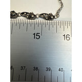 Vtg Victorian Silver Tone Necklace with Faux Pearls and Black Rhinestones 16in