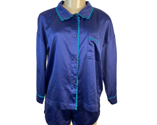 Flora Nikrooz 2-Piece Pajama Set Navy Blue Button-Up Top & Shorts Sz M - New