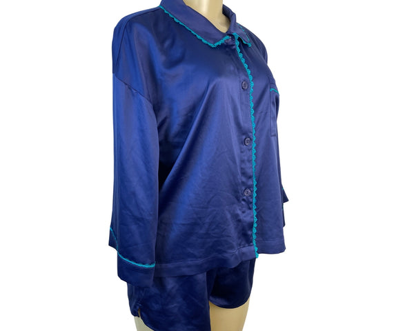 Flora Nikrooz 2-Piece Pajama Set Navy Blue Button-Up Top & Shorts Sz M - New