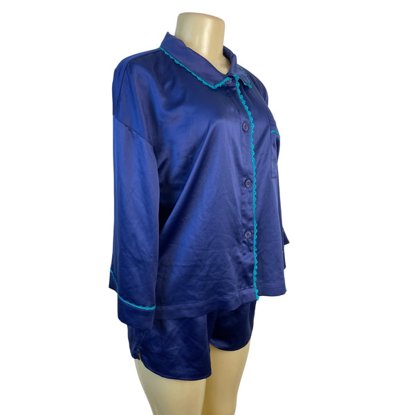 Flora Nikrooz 2-Piece Pajama Set Navy Blue Button-Up Top & Shorts Sz M - New