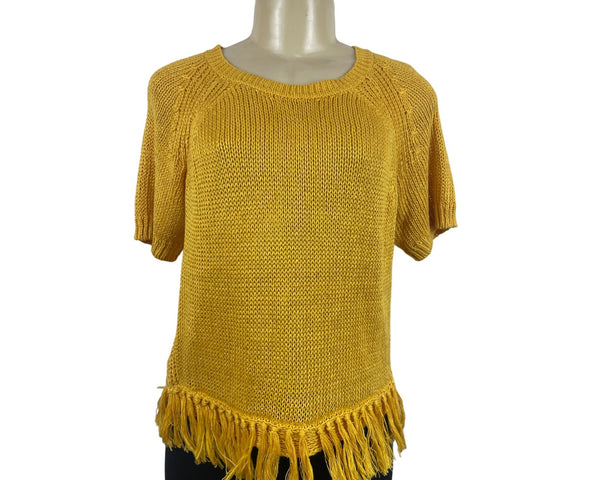 J. Crew Women's Yellow Fringe Knitted Short Sleeve Linen Sweater Sz XS