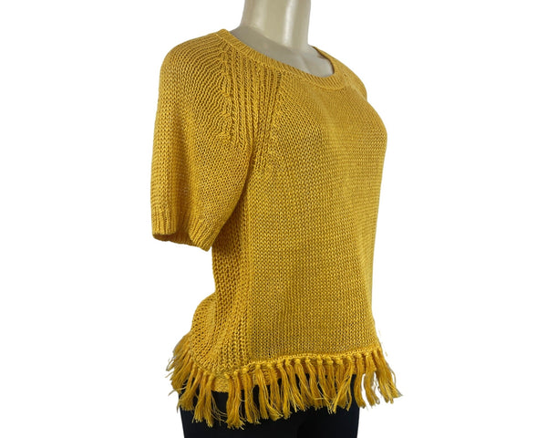 J. Crew Women's Yellow Fringe Knitted Short Sleeve Linen Sweater Sz XS