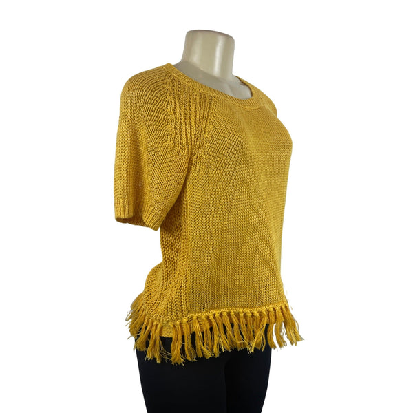 J. Crew Women's Yellow Fringe Knitted Short Sleeve Linen Sweater Sz XS