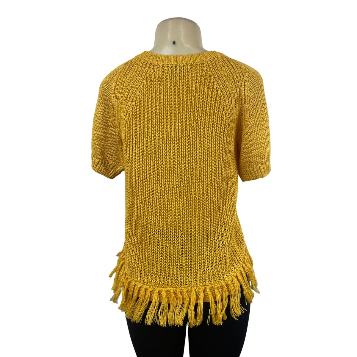 J. Crew Women's Yellow Fringe Knitted Short Sleeve Linen Sweater Sz XS