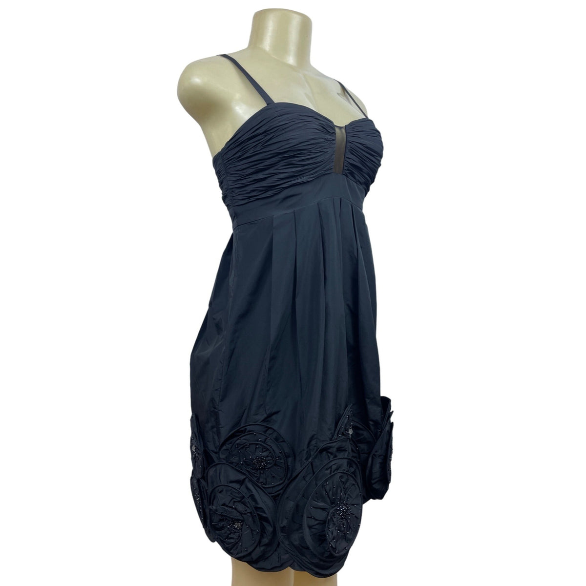 Strapless Black Party Dress With Ruched Bodice & Beaded Appliqué Skirt New