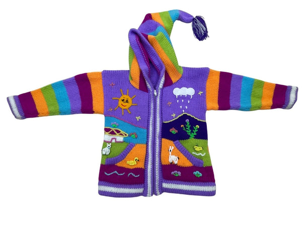Handmade Kids Purple Multicolor Knit Hooded Cardigan With Embroidered Animals