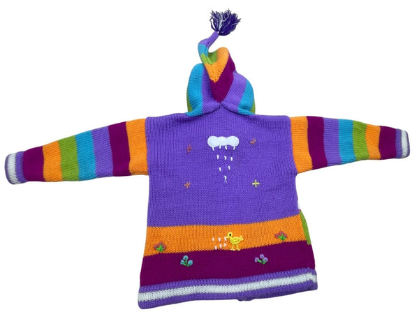 Handmade Kids Purple Multicolor Knit Hooded Cardigan With Embroidered Animals