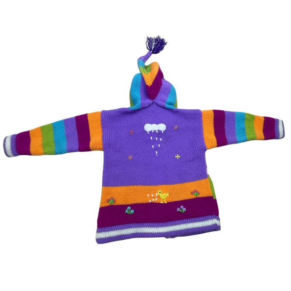 Handmade Kids Purple Multicolor Knit Hooded Cardigan With Embroidered Animals