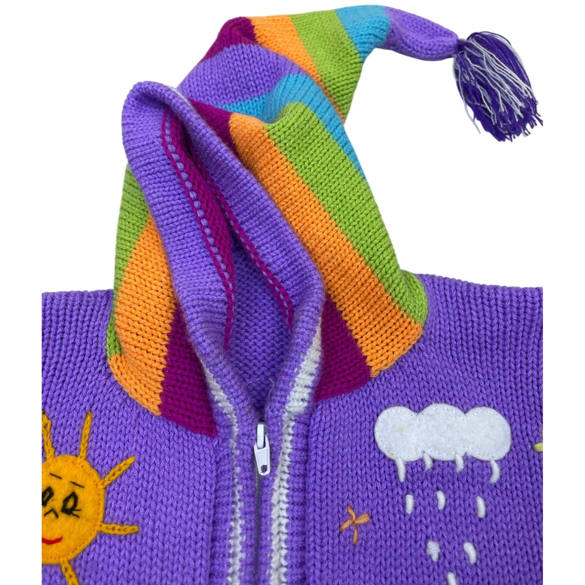 Handmade Kids Purple Multicolor Knit Hooded Cardigan With Embroidered Animals