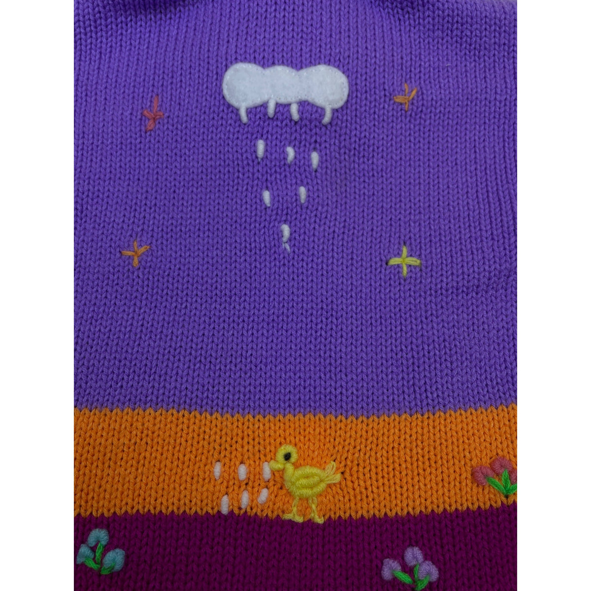 Handmade Kids Purple Multicolor Knit Hooded Cardigan With Embroidered Animals
