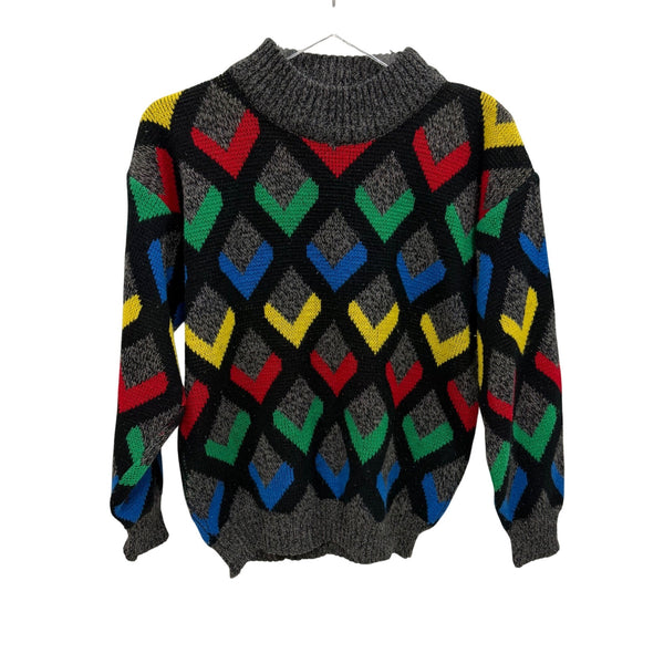 Vintage Unisex Black Multi-Color Wool Blend Chevron Geometric Sweater Size OS