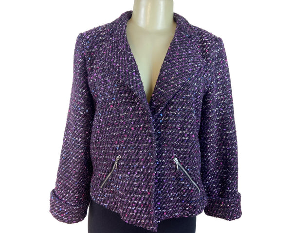 Chico’s Purple Tweed Zip Front Cropped Jacket With Notched Collar Size 1