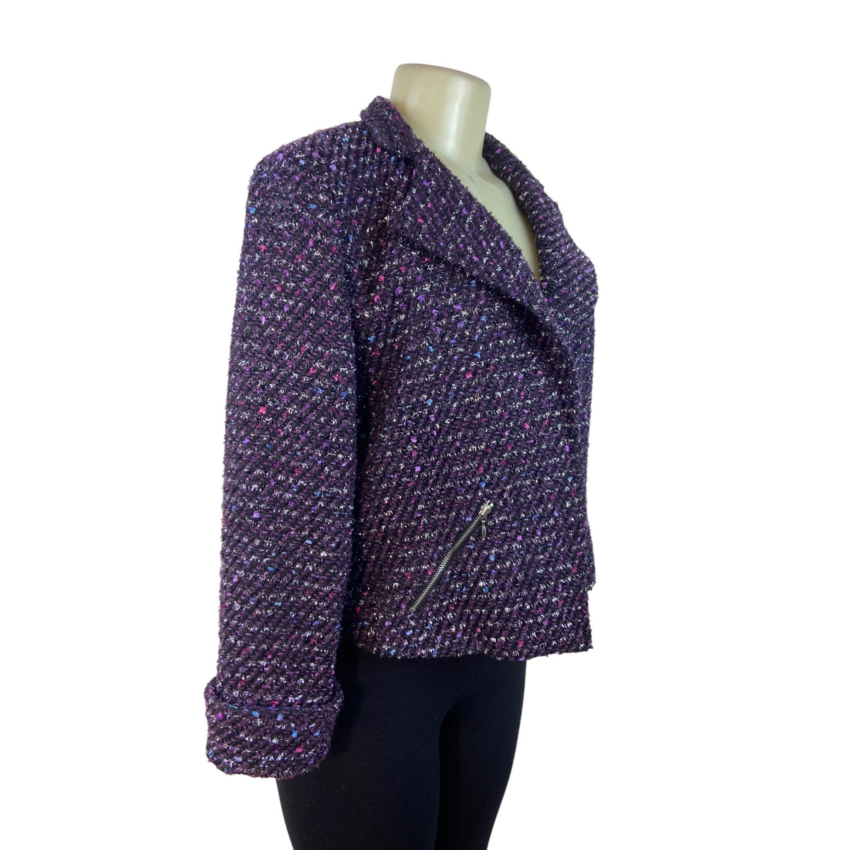 Chico’s Purple Tweed Zip-Front Cropped Jacket With Notched Collar Sz 1