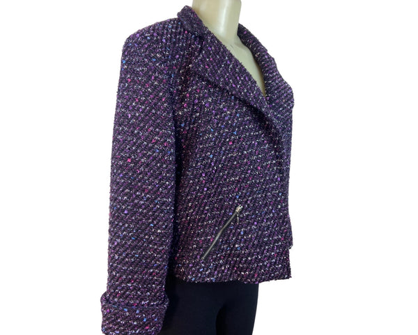 Chico’s Purple Tweed Zip Front Cropped Jacket With Notched Collar Size 1