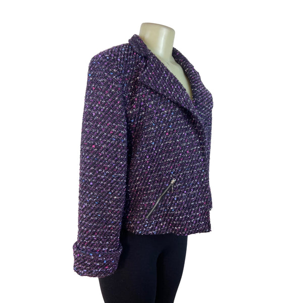 Chico’s Purple Tweed Zip-Front Cropped Jacket With Notched Collar Sz 1