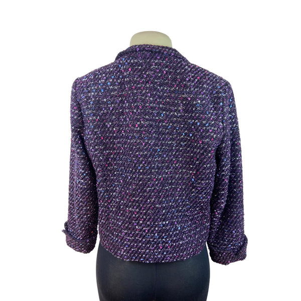 Chico’s Purple Tweed Zip-Front Cropped Jacket With Notched Collar Sz 1