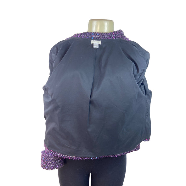 Chico’s Purple Tweed Zip-Front Cropped Jacket With Notched Collar Sz 1