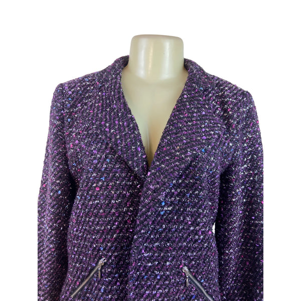 Chico’s Purple Tweed Zip-Front Cropped Jacket With Notched Collar Sz 1