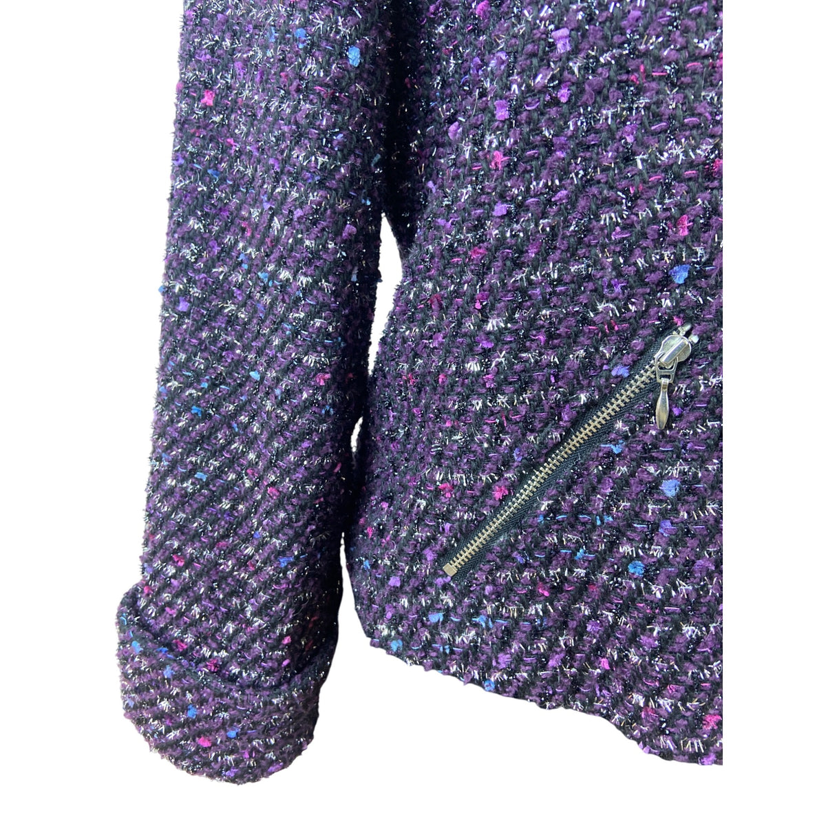 Chico’s Purple Tweed Zip-Front Cropped Jacket With Notched Collar Sz 1