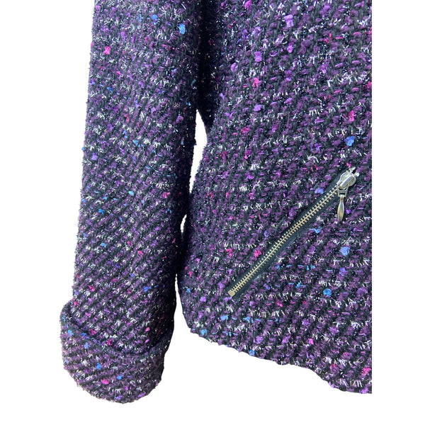 Chico’s Purple Tweed Zip-Front Cropped Jacket With Notched Collar Sz 1