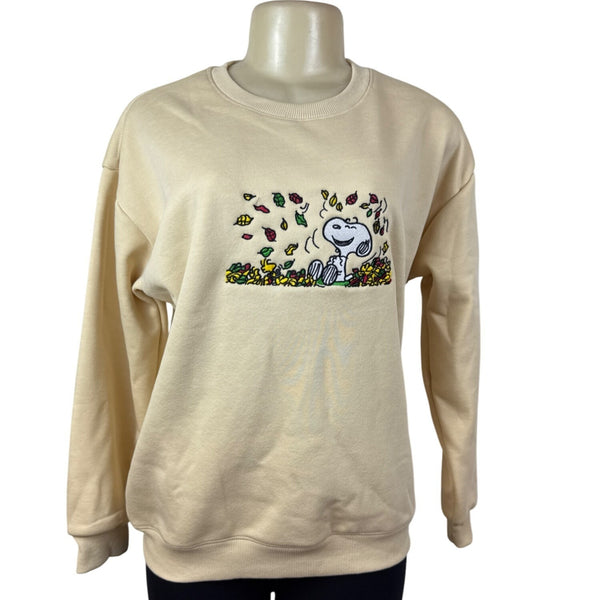 Snoopy Embroidered Beige Crewneck Sweatshirt Soft Fall Leaves Design Casual