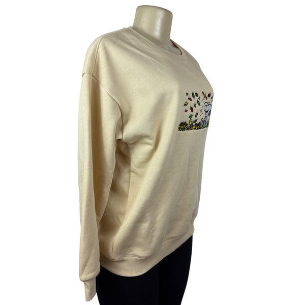 Snoopy Embroidered Beige Crewneck Sweatshirt Soft Fall Leaves Design Casual