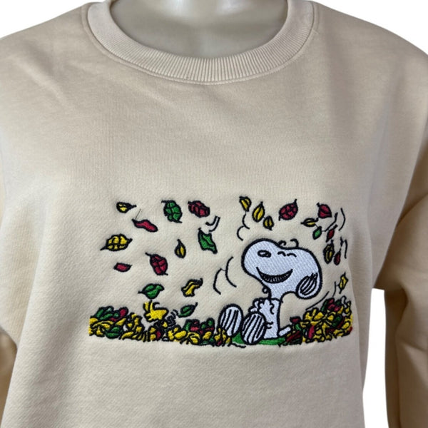 Snoopy Embroidered Beige Crewneck Sweatshirt Soft Fall Leaves Design Casual