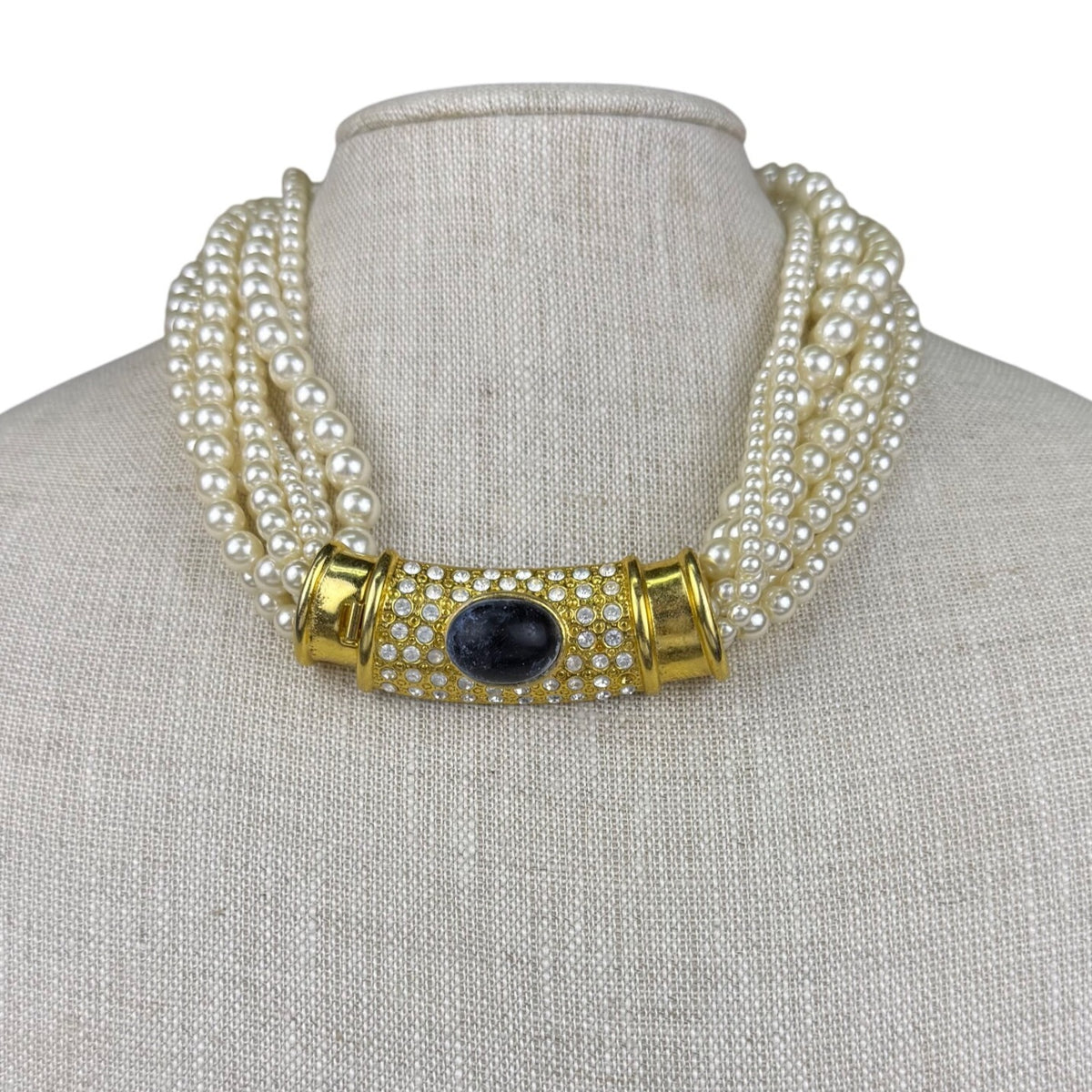 Multi-Strand Faux Pearl Gold Tone Necklace With Center Rhinestone Accent Design