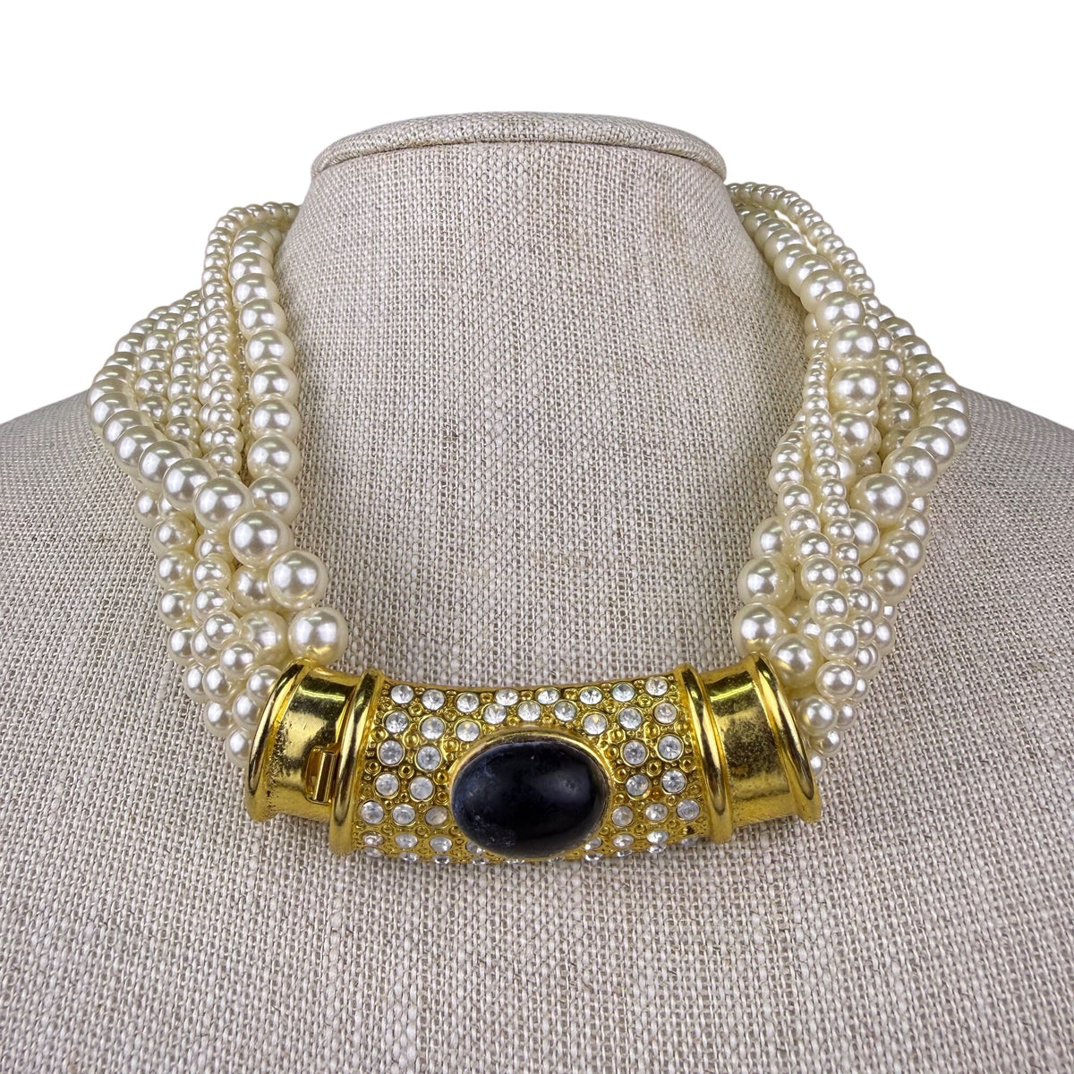 Multi-Strand Faux Pearl Gold Tone Necklace With Center Rhinestone Accent Design