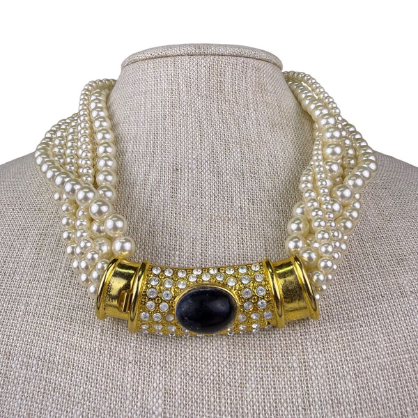 Multi-Strand Faux Pearl Gold Tone Necklace With Center Rhinestone Accent Design