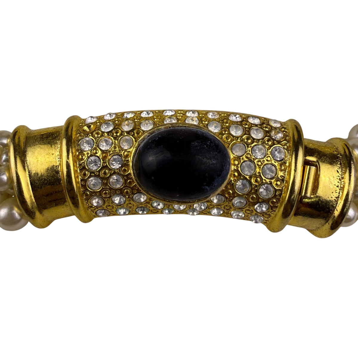 Multi-Strand Faux Pearl Gold Tone Necklace With Center Rhinestone Accent Design