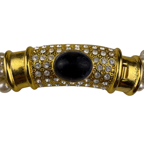 Multi-Strand Faux Pearl Gold Tone Necklace With Center Rhinestone Accent Design