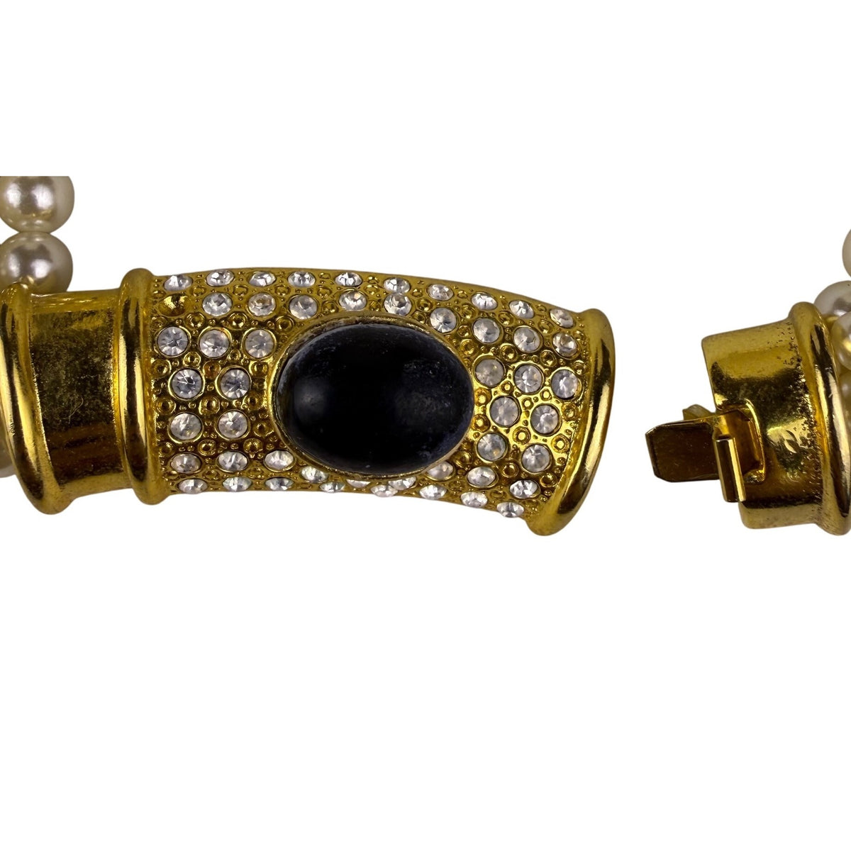 Multi-Strand Faux Pearl Gold Tone Necklace With Center Rhinestone Accent Design